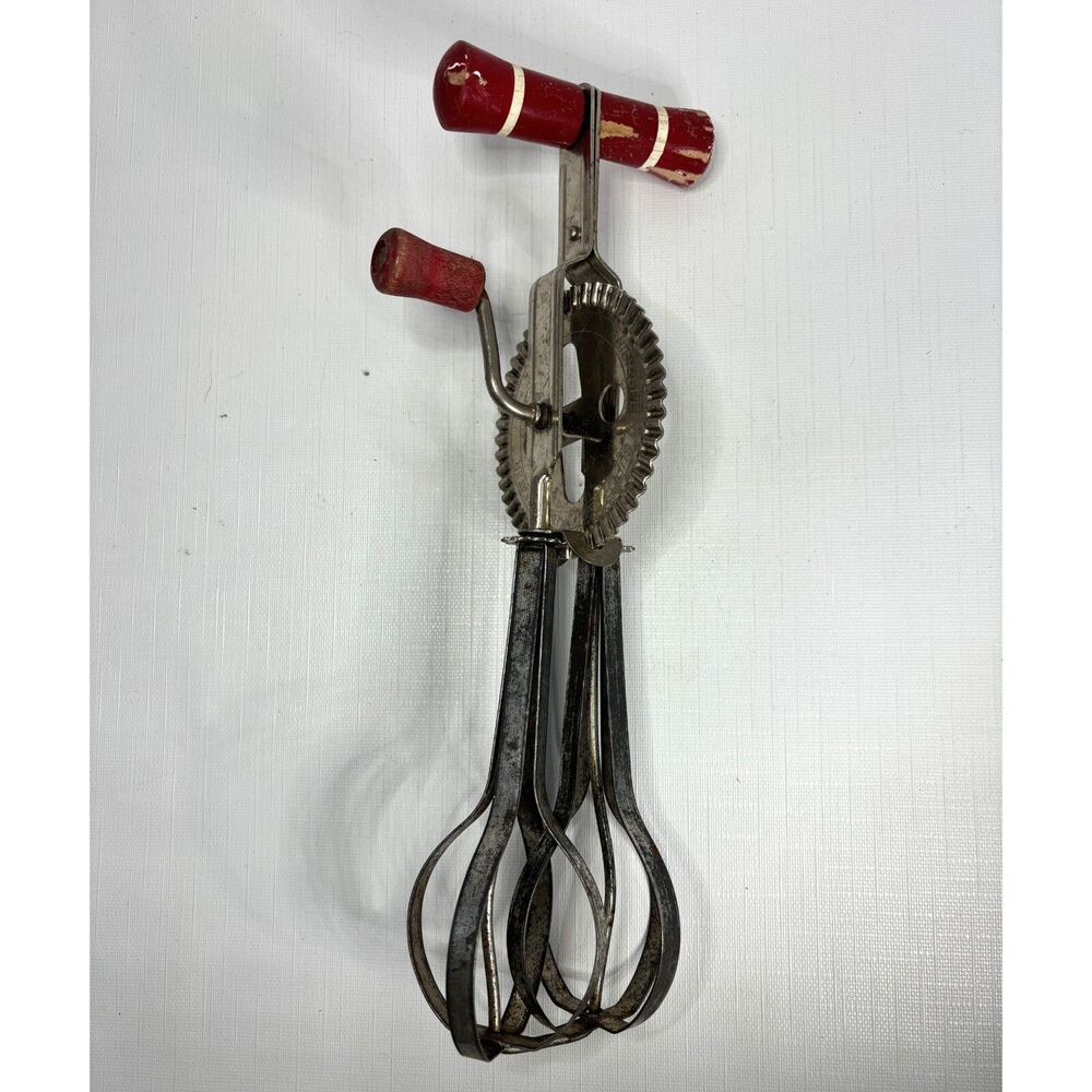 Vintage Farmhouse Egg Beater Whisk Red Wood Handle Hand Mixer Made USA